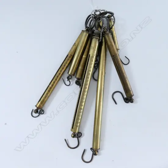 8 SALTER'S BRASS TUBE SPRING SCALES, VARIOUS SCALES INCLUDING: 0oz-3oz; 0oz-100oz; 0lb-20lb; ETC